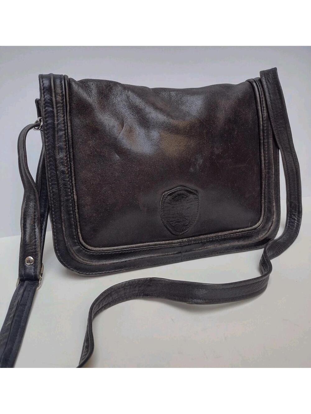 VTG German Soft Leather Crossbody Bag Prym Hardware Crest Boho Cottagecore Black